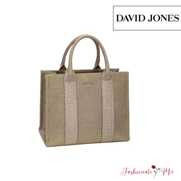 David Jones Contrast Leather Handles Zipper Closure Canvas Tote Handbag | Olive - Picture 1 of 6